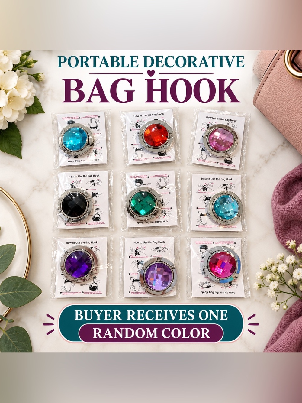 Portable Decorative Purse & Bag Hook – Random Color